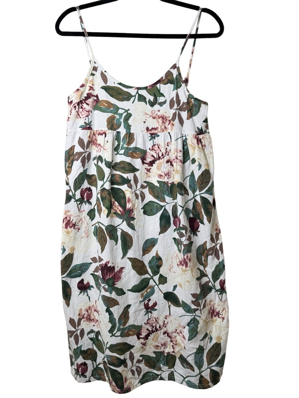 Korean Dress XL Floral White Sleeveless Sundress with Green Leaf Print